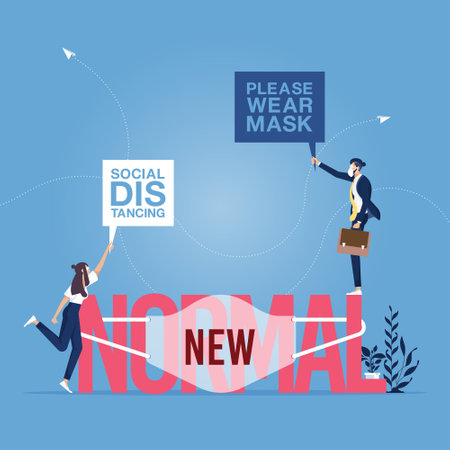 Business people wearing face mask manage to wear mask with the word new on main word Normalのイラスト素材