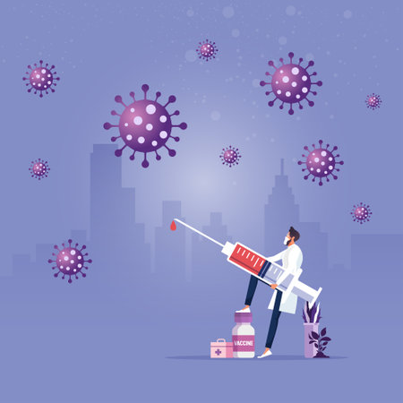 Doctor carrying big syringe with vaccine fighting to a coronavirus outbreakのイラスト素材