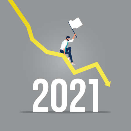 Declining bar chart and falling black arrow and 2021 text, Businessman lost profits and sitting on...