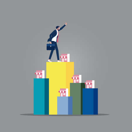 Businessman on top of successful franchise. Franchise, trading network Conceptのイラスト素材