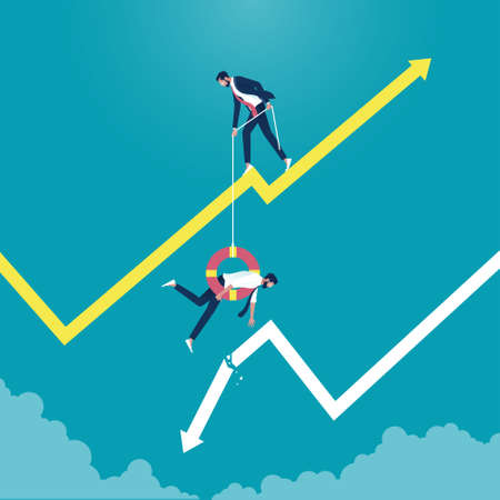 Businessman rescues partner from falling chart with lifebuoy, Decreasing income chart, business bankruptcy company startup collapseのイラスト素材