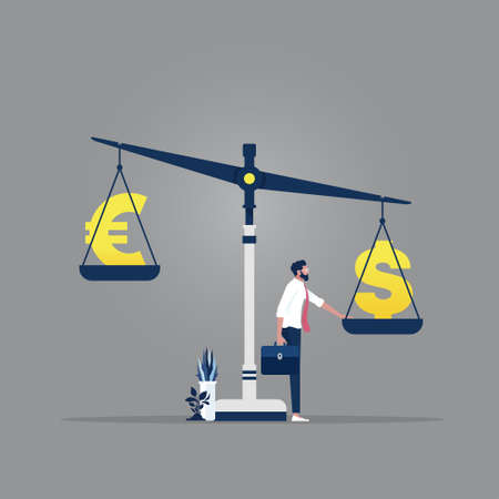 Euro Vs Dollar. Confrontation of European and American Economy and Financial Markets in World. Tiny Characters with Money at Huge Scales with USD and EUR Currencyのイラスト素材