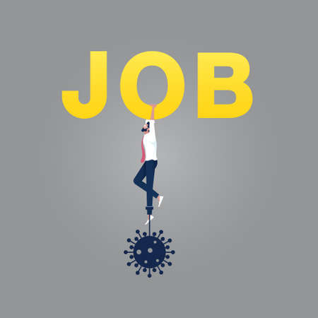 Businessman holding on to the word Job, office worker fired from job, unemployment conceptのイラスト素材