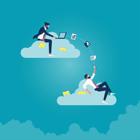 Businessman using computer upload and download information and data on cloud computing technology...