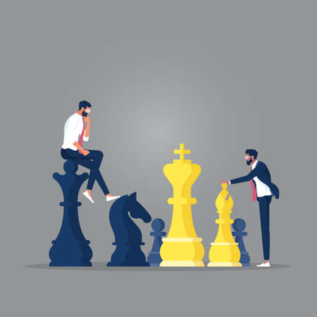 Businessman playing chess and try to find strategic position and tactic for long-term success plan or goal. Symbol of vision, competition, negotiation, planning and challenge.のイラスト素材