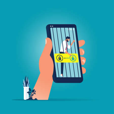 Businessman locked in smartphone behind the jail bars as a smartphone screen.のイラスト素材