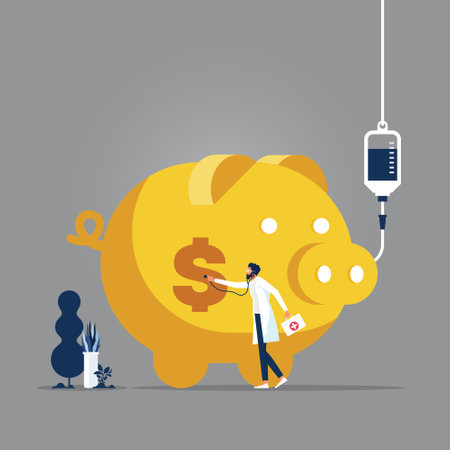 Businessman checking health of piggy bank,  financial crisis concept illustrationのイラスト素材