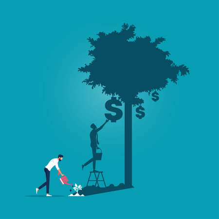 Businessman watering money tree with shadow growth tree, taking the long view, investment in moneyのイラスト素材