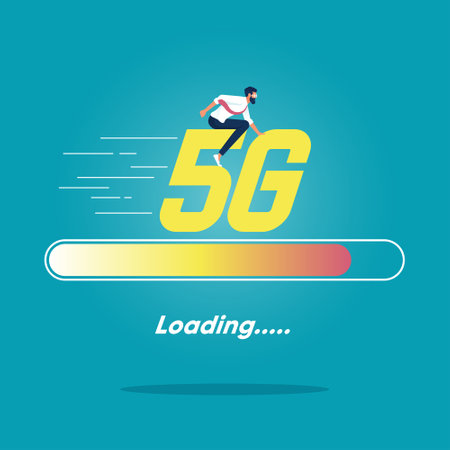 Businessman riding word 5G on loading status, The concept of loading file at 5G speed on computer or mobile phoneのイラスト素材