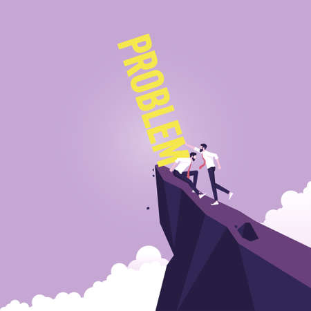 Businessman pushing problem wording fall down the cliff symbol of career growth and problem solution conceptのイラスト素材
