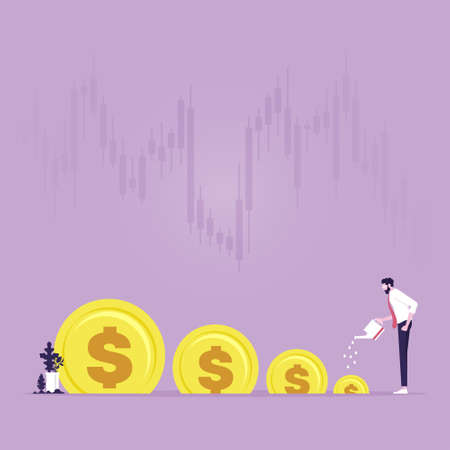 Businesswoman watering money dollars from a watering canのイラスト素材