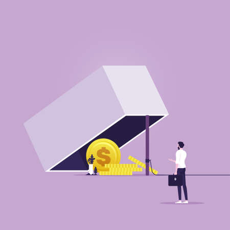 Businessman trying to reach a trap with dollar coin , Money trap concept-Financial risk metaphorのイラスト素材