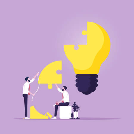 Business teamwork building lightbulb puzzle vector, finding new solutions and  brainstorming, generating and generating ideasのイラスト素材