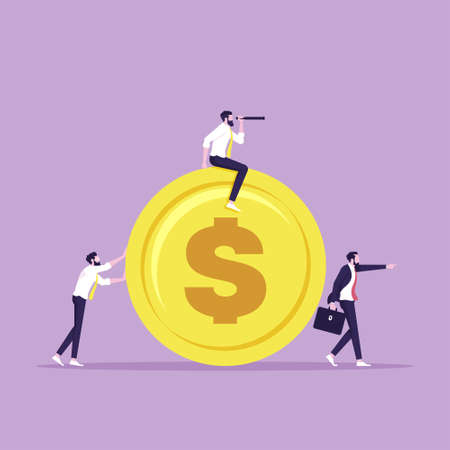 Financial activity to making money or profit concept, Business team pulling large coin with businessman leader or investor control flow of money Dollar coinsのイラスト素材
