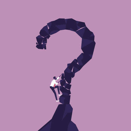 Businessman tries to climb with difficulty on a mountain shaped as question markのイラスト素材
