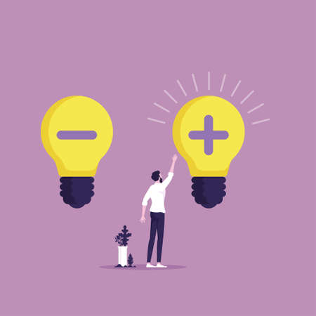 Positive and negative thinking, inspiration and motivation concept, businessman choosing light bulb with plus sign instead of one with minusのイラスト素材