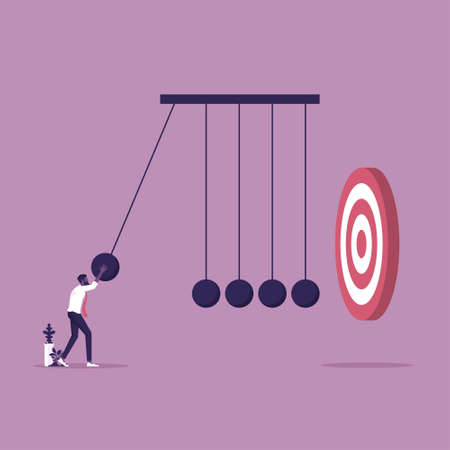 Businessman use newtons cradle make impact to hit target, Make impact to success vector conceptのイラスト素材