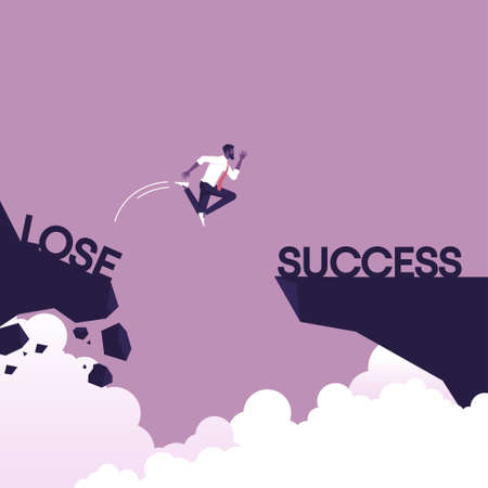 Businessman jumping from lose side on rock to success, business challenge and success vector concept