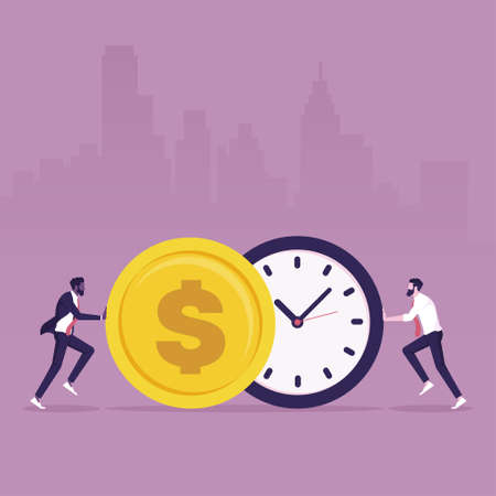 Two businessmen are pushing a watch and a coin towards each other, describe time is money, compete, move and faster. business concept illustrationのイラスト素材