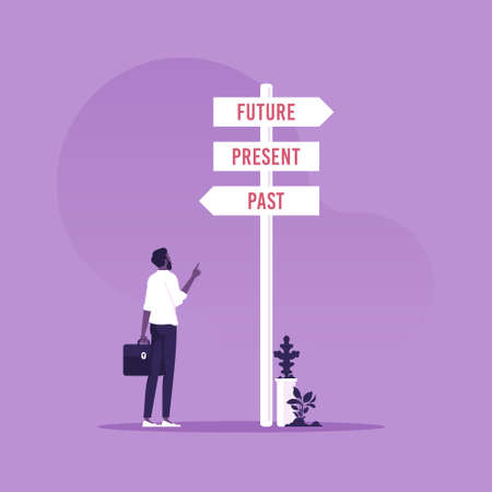 Businessman and a signpost arrows showing three different options, past, present and future course,...