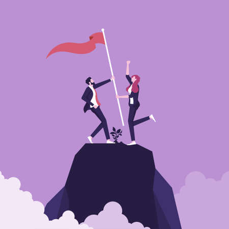 Businessman and woman winning and celebrating victory together with raised flag, Gender equality in the workplace and business conceptのイラスト素材