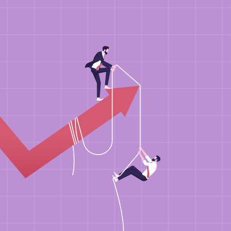 Businessman on arrow assisting coworkers representing business growthのイラスト素材