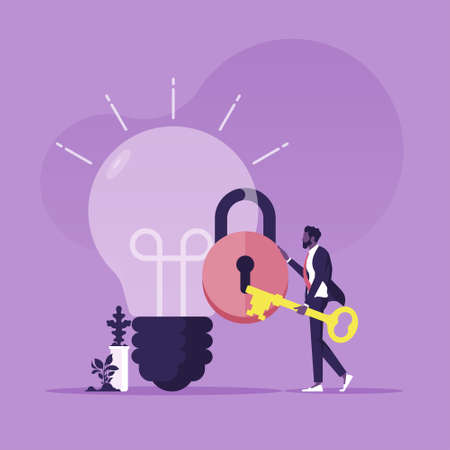 Unlock new business idea, businessman holding golden key about to insert into key hold on lightbulb ideaのイラスト素材