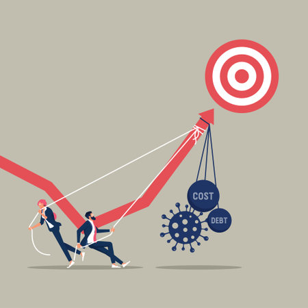 Business people pushing a business graph upwards, business graph representing the stock market crash caused by the coronavirus, overcoming the crisis with the help of businessmanのイラスト素材
