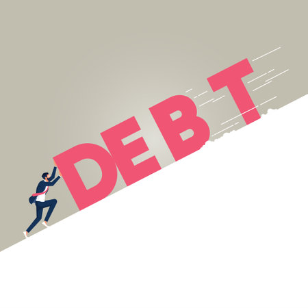 Businessman pushing against huge text spelled debt on slope. Conceptual vector illustration for metaphor financial obligationsのイラスト素材