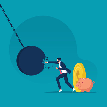 Businessman punching and breaking a huge wrecking ball, Crisis management and Problem solving conceptのイラスト素材