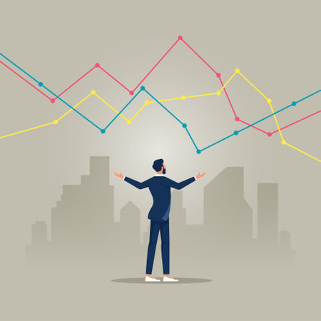Businessman showing financial graph of growth on cityscape, Concept of business growth vector conceptのイラスト素材