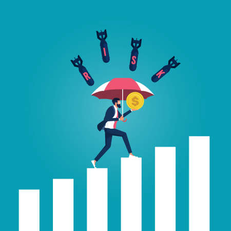 Businessman character holding an umbrella to protect himself and money against RISK words, Risk...
