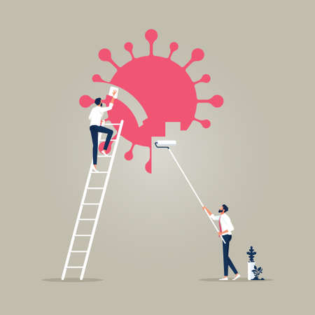 Businessman erasing red COVID-19 virus with paint roller, survive and win in Coronavirus outbreak COVID-19 economic crisis conceptのイラスト素材
