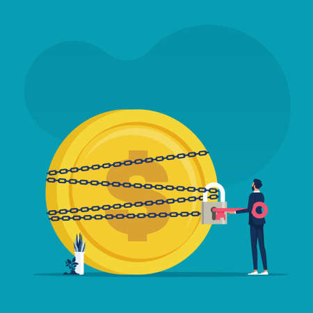 Businessman uses a key unlock money coin from chains, business and financial problems conceptのイラスト素材