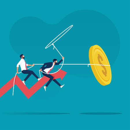 Businessman riding success arrow graph trying to catch money fly. Employees are collecting money that was flying like a birdのイラスト素材