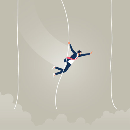 Businessman going from a rope to the other like Tarzan, From one problem to another, many problemsのイラスト素材