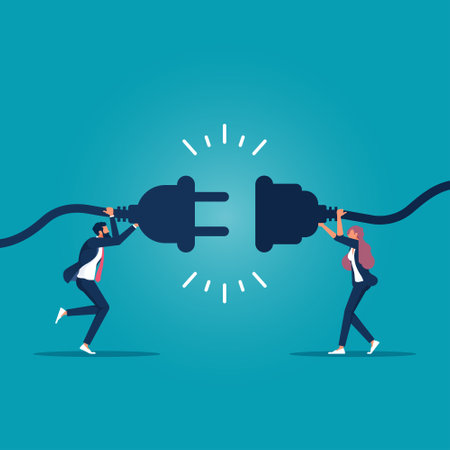 Businessman and businesswoman hold plugs to connect. Cooperation interaction. Collaboration teamwork. Concept for planning, business strategy and connection.のイラスト素材