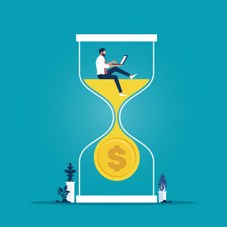 Businessman sitting on the hourglass with laptop, business concept of time management and time is moneyのイラスト素材