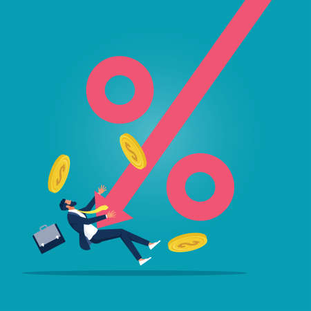 percentage arrow down,  percentage decrease-interest rate drop, Business failed and financial crisis conceptのイラスト素材