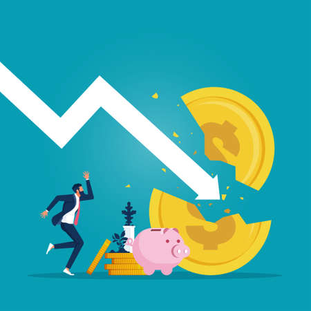 Businessman and falling arrow, Financial crisis and Global economic money problem, Bankruptcy unpaid loan debt, investment failureのイラスト素材
