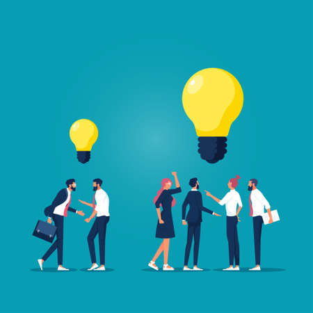 Compare between small company with small idea and big business with big idea, business team meeting for brainstorming concept, Brainstorming and teamwork vector conceptのイラスト素材