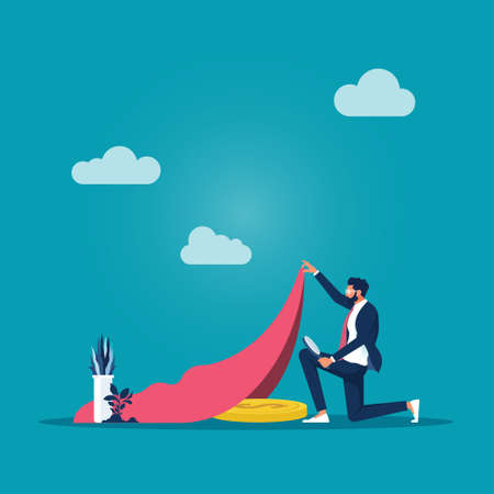 Finding money for investment concept, businessman with magnifying glass find dollar coin money under the carpetのイラスト素材