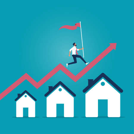 Housing price rising up, real estate investment or property growth concept, businessman holding flag running on rising house graphのイラスト素材