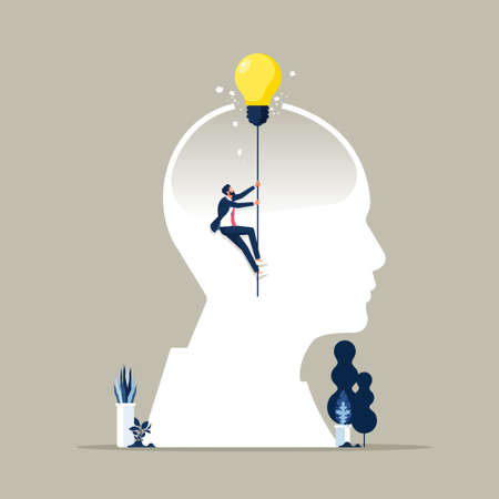 Think outside vector concept, businessman  rising up high with light bulb, metaphor of innovation, Concept business idea solution, Development of ideasのイラスト素材