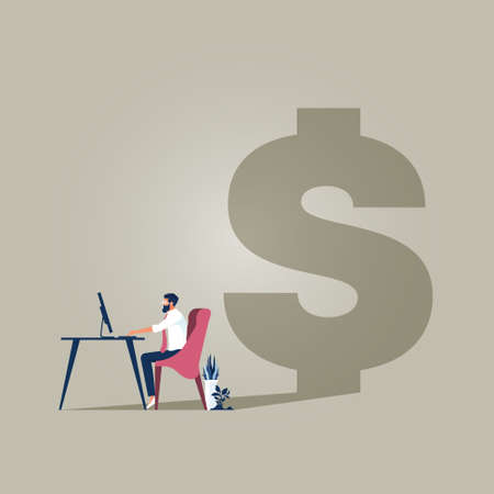 Business man working with computer on the deck with dollar sign shadow, work hard to make money vector conceptのイラスト素材