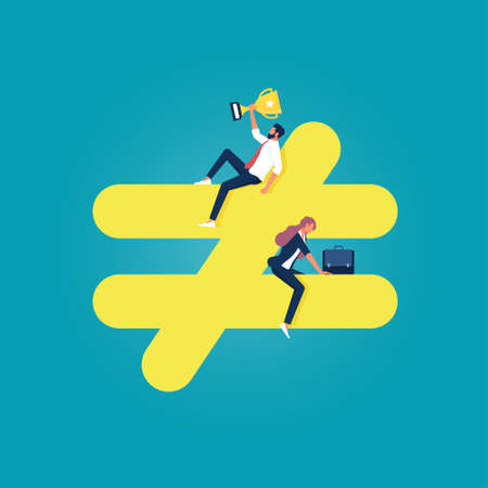 Unequal discrimination on lady, unequal or not equal sign with businessman on top level and...