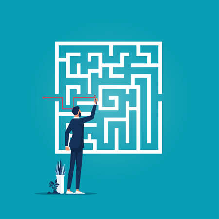 Business solution vector concept with businessman finding way through maze. Symbol of genius, planning, strategyのイラスト素材
