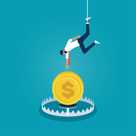businessman going to catch the dollar coins on bear trap, metaphor of greedy financial risk and bad solutions, money trap business conceptのイラスト素材