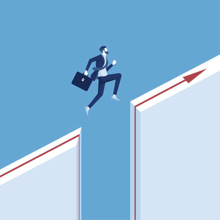 businessman jump through the gap between hill, man jumping over cliff, business concept of courageのイラスト素材