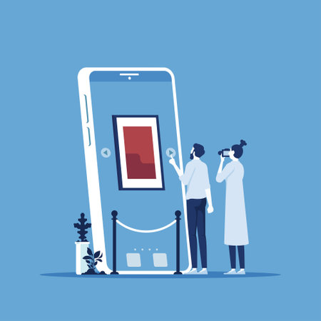 people with smartphone and exhibition app on screen, Museum exhibit online conceptのイラスト素材